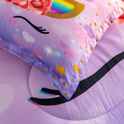 Unicorn Twin Bedding Sets for Girls Kids Comforter Set Twin Size with 2 Pillowcases Purple Unicorn Room Decor for Girls Bedroom Ultra Soft Machine Washable Toddler Bed Set