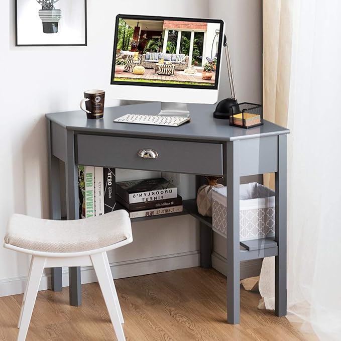 Nightcore Small, Wood Computer Desk, Compact Writing w/Drawer & Storage Shelves, Space Saving Study Workstation, Laptop PC Corner Table, Grey