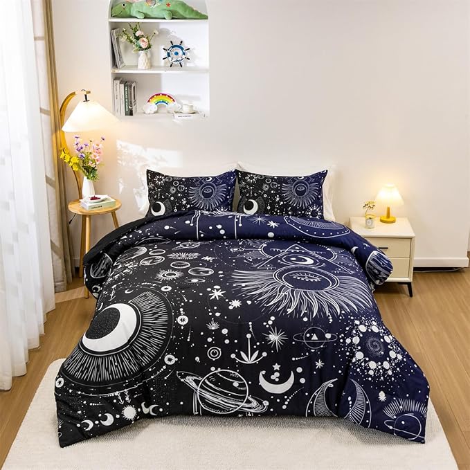 Holawakaka Stars Moon Constellation Print Comforter Set Twin Size Girls Boys Witchy Astrology Zodiac Celestial Bedding Set (Navy Blue,Twin)
