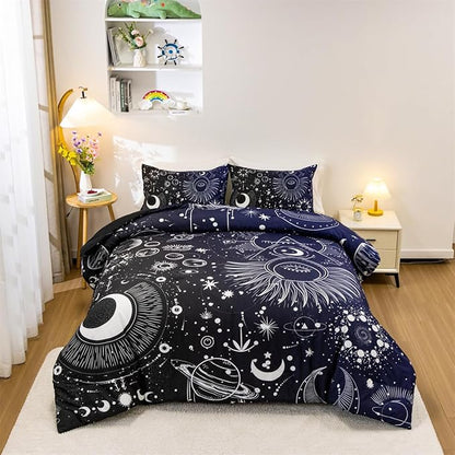 Holawakaka Stars Moon Constellation Print Comforter Set Queen Size Girls Boys Witchy Astrology Zodiac Celestial Bedding Set (Navy Blue, Queen)