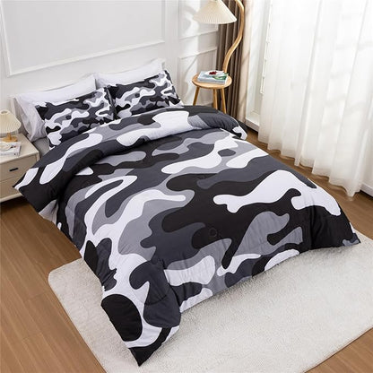 Meeting Story Camouflage Bedding Set, Colorful Pattern Style Comforter Set, 3 PCS One Comforter Two Pillowcases in One Bag, All Season Bedspread for Teens Adults (Grey,Full