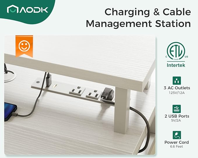 AODK 47 Inch Electric Standing Desk with 3 Drawers, White, Height Adjustable Desk with Power Outlets & LED Lights, Stand Up Desk with Monitor Shelf, Sit Stand Desk Computer Workstation