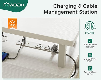 AODK 47 Inch Electric Standing Desk with 3 Drawers, White, Height Adjustable Desk with Power Outlets & LED Lights, Stand Up Desk with Monitor Shelf, Sit Stand Desk Computer Workstation