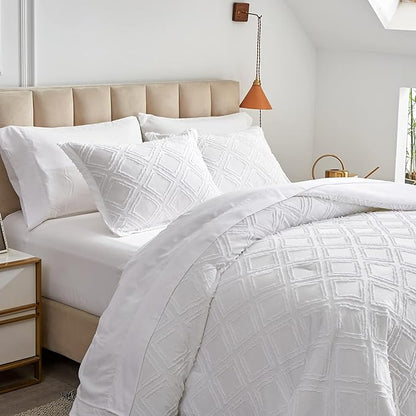 7 Pieces Tufted Bed in a Bag King Comforter Set with Sheets White, Soft and Embroidery Shabby Chic Boho Bohemian, Luxury Solid Color with Diamond Pattern, Jacquard Tufts Bedding Set for All Season