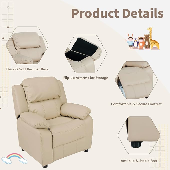 JC Home MACARON Kids Chair Leather Recliner Sofa Toddler Youth Children Child Ages 3-7, Cream