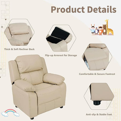 JC Home MACARON Kids Chair Leather Recliner Sofa Toddler Youth Children Child Ages 3-7, Cream