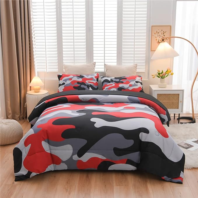 Meeting Story Camouflage Bedding Set, Colorful Pattern Style Comforter Set, 5 PCS One Comforter Two Pillowcases Two Sheets in One Bag, All Season Bedspread for Kids Teens Adults (Black, Twin 5Pcs)