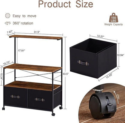 VECELO Mobile Lateral File Cabinet Rolling Printer Stand with 3 Open Storage Shelf, Ideal for Letter Size Folders, with Lockable Casters, Strong Steel Frame, Perfect for Office, 2 Drawer, Brown+Black