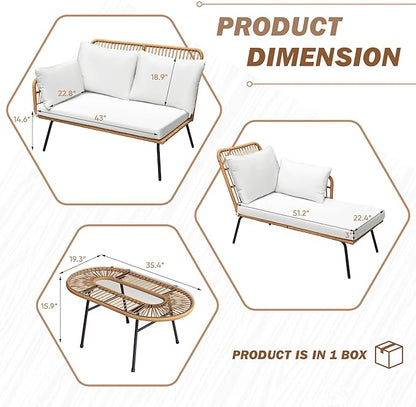 Greesum Outdoor Rope Woven Patio Furniture L-Shaped Conversation Sectional Sofa Set Detachable Lounger for Backyard Porch with Thick Cushions & Long Table, White