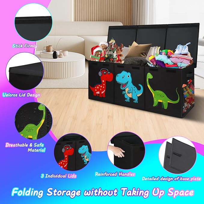 Extra Large Toy Box, Collapsible Sturdy Toy Storage Organizer with Lids, Dinosaur Toy Box for Boys Girls, 41"x14"x16" Kids Toy Chest Bin Box Baskets for Living Room, Playroom, Bedroom, Nursery, Black