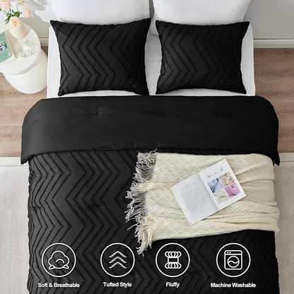 CozyLux Queen Comforter Set Black - 3 Pieces Black Boho Tufted Shabby Chic Bedding Comforter Set for All Seasons, Chevron Bedding Sets with Comforter & 2 Pillow Shams