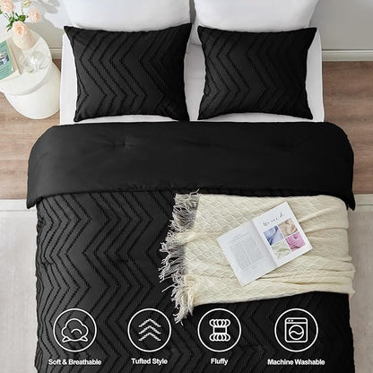 CozyLux King Size Comforter Set Black - 3 Pieces Black Boho Tufted Shabby Chic Bedding Comforter Set for All Seasons, Chevron Bedding Sets with Comforter & 2 Pillow Shams