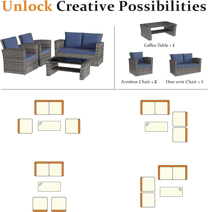 Solaste 4 Piece Outdoor Patio Furniture Set, Outdoor Sectional Sofa with Tempered Glass Coffee Table and Cushions, Wicker Rattan Patio Set for Backyard, Front Porch, Balcony, Blue