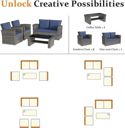 Solaste 4 Piece Outdoor Patio Furniture Set, Outdoor Sectional Sofa with Tempered Glass Coffee Table and Cushions, Wicker Rattan Patio Set for Backyard, Front Porch, Balcony, Blue