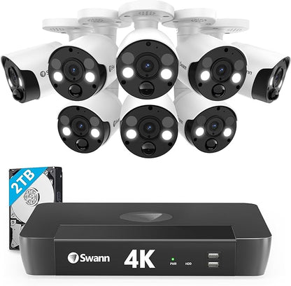 Swann Home Security Camera System with 2TB HDD, 8 Channel 8 Cam, POE Cat5e NVR 4K HD Video, Indoor or Outdoor Wired Surveillance CCTV, Color Night Vision, Heat Motion Detection, LED Lights, 886808FB