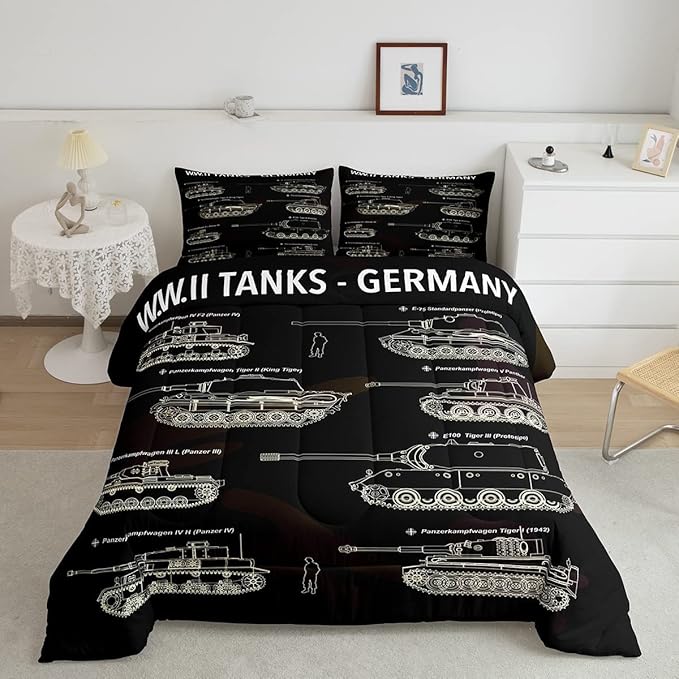 Tank Comforter Set King, War Theme Bedding Set, Soldier Dirt Bike Camouflage Army Acting Down Comforter for Kid Boy Teen Men,Camo Vintage Style Quilt Set, Military Vehicle Duvet Set Room Decor