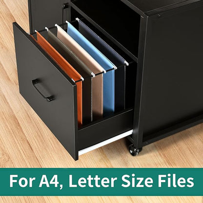 YITAHOME Wood File Cabinet with Charging Station, Rolling Filing Cabinet Cart with Door, Industrial Nightstand with Printer Shelf for Home Office, Bedroom, Living Room, Entryway, Black