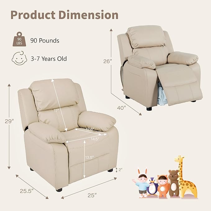 JC Home MACARON Kids Chair Leather Recliner Sofa Toddler Youth Children Child Ages 3-7, Cream