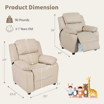 JC Home MACARON Kids Chair Leather Recliner Sofa Toddler Youth Children Child Ages 3-7, Cream