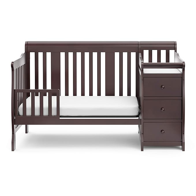 Storkcraft Portofino 5-in-1 Convertible Crib and Changer (Espresso) – Crib and Changing -Table Combo with 3 Drawers, Includes Baby Changing Pad, Converts to Full-Size Bed