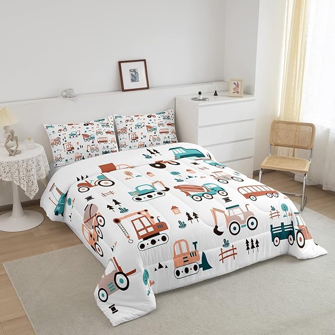 Feelyou Boys Cartoon Car Comforter Set, Kids Construction Cars Trucks Comforter for Children Cartoon Botanical Truck Bedding Set Cute Cars Quilt Set with 1 Pillowcase 2Pcs Bedding Twin