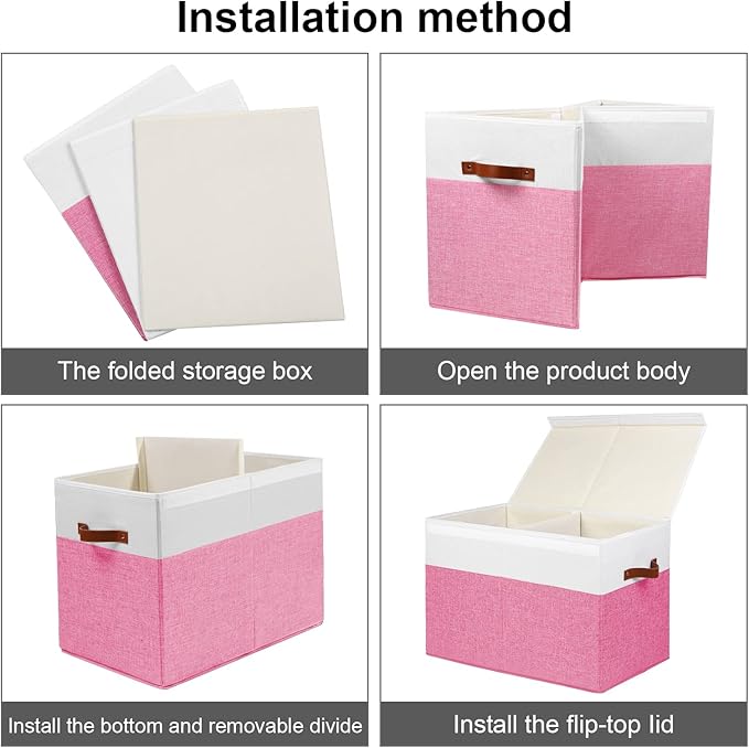 Large Toy Storage Box with Lid, Sturdy Toys Storage Chest Bin Organizer Basket with Dividers for Kids, Boys, Girls, Nursery, Closet, Bedroom, Playroom 25"x13" x16" (Pink and White)