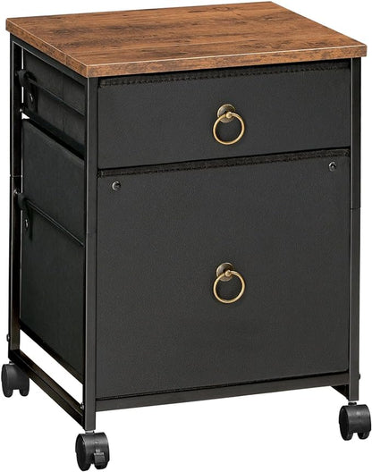 HOOBRO File Cabinet, 2-Drawer Filing Cabinet, Vertical Mobile Office Cabinet, Rolling Printer Stand, for A4/Letter Size Files, Nonwovens Drawer, for Home Office, Rustic Brown and Black BFK21WJ01