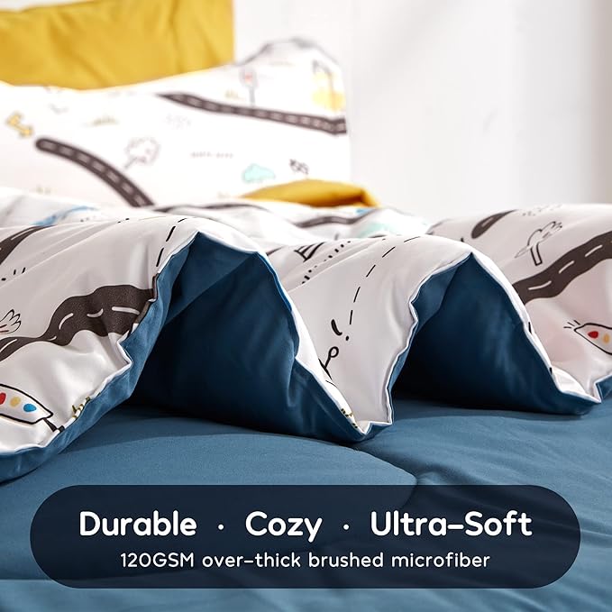 SLEEP ZONE Kids Bedding Full/Queen Comforter Set - Cute Printed for Boys, Girls, Teens, Super Soft, Fade Resistant, Car Road, Full/Queen