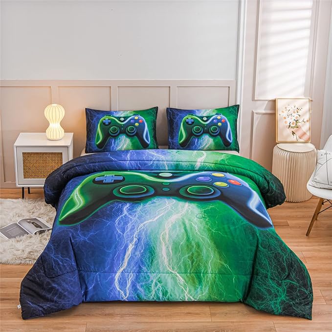 Meeting Story Gamer Gaming Bedding Sets Red Blue Lightnings Gamepad Comforter Set for Boys Games Console Action Buttons Novelty Colorful Modern Room Decor Home Quilt Set (Blue-Green, Full)