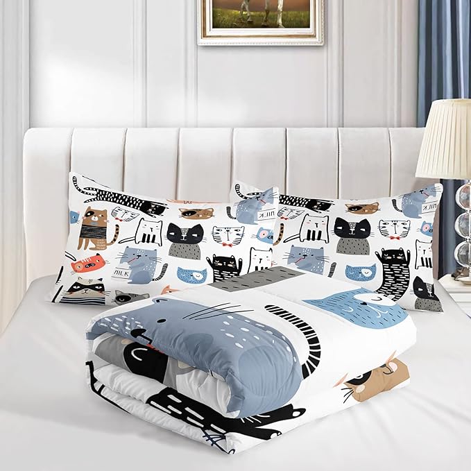 CVHOUSE Cat Bedding,Cartoon Cat Comforter King,Animals Print Comforter Set for Kids,Kawaii Quilt Set with 1 Comforter and 2 Pillow Cases