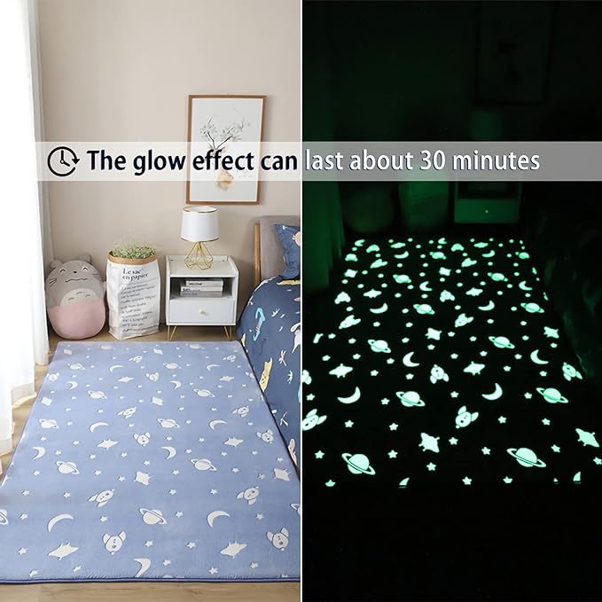 Eanpet Glow in The Dark Floor Mats Luminous 5’ x 7’ Area Rug Soft Decorative Play Mat for Kids Crawling Mat Non-slip Living Room Rug Carpets for Bedroom Home Decor,Blue Universe
