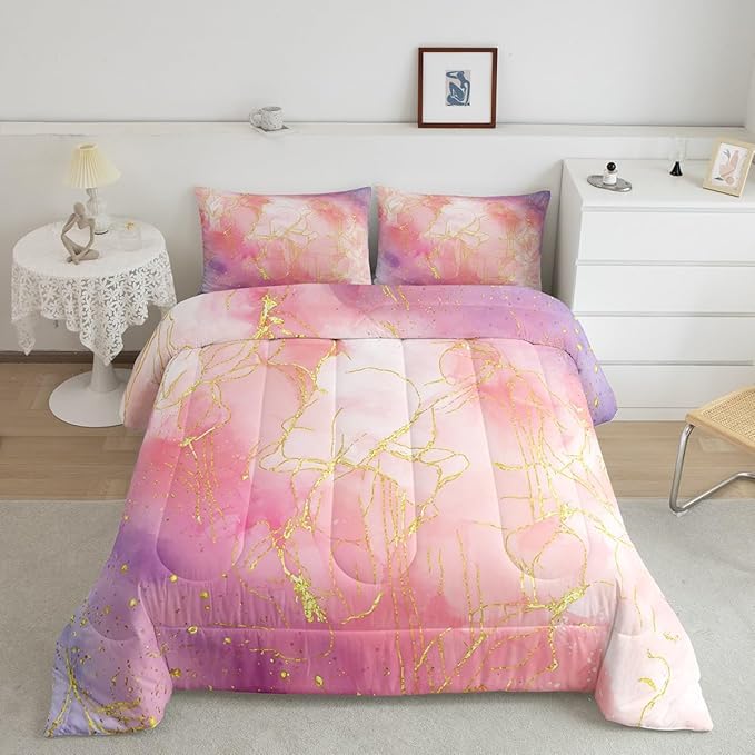 Golden Marble Bedding King Size, Tie Dye Gradient Bedding Comforter Sets for Boys Girls Women, Marbling Ink Painting Comforter Set Pink Purple Glitter Pastel Girls Room Decor with 2 Pillowcases
