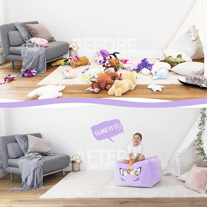 Aubliss Unicorn Stuffed Animal Storage Bean Bag Chair for Kids, Velvet Extra Soft Beanbag Chairs Cover, X-Large Stuffable Zipper Bean Bag for Organizing Plush Toys Girls Bedroom Decor, Purple Floral