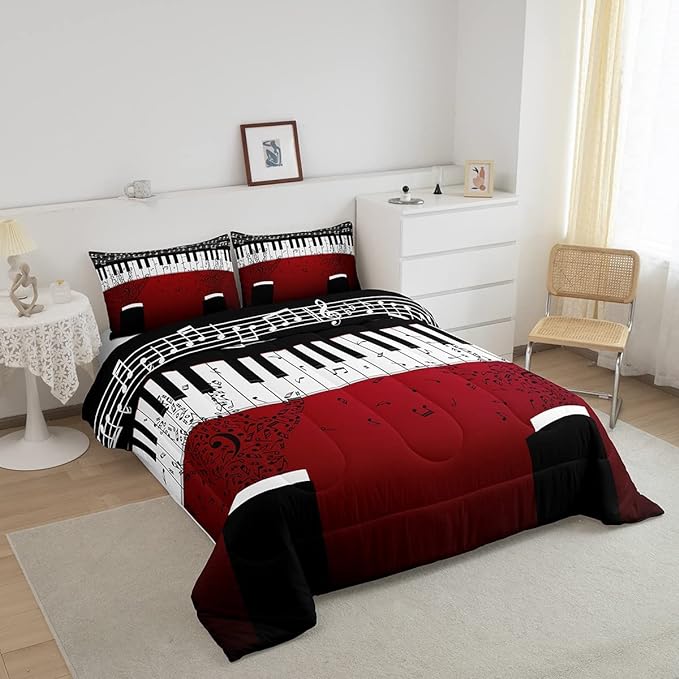 Erosebridal Music Notes Comforter Set for Kids Boys Teens Men Piano Keys Down Comforter Full Size Rock Musical Bedding Set Play Piano Duvet Sets Music Bedroom decor with 2 Pillow Cases Red Black