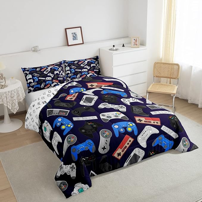Erosebridal Boy Game Comforter Set Full Size Modern Gamer Down Comforter for Kids Girls Teens Children, Video Game Bedding Set,Player Gaming Gamepad Soft Lightweight Duvet Set Room Decor