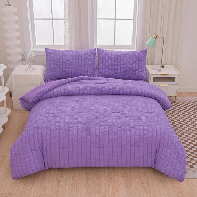 King Bed in a Bag Purple Seersucker Comforter Set 3-Pieces Microfiber Lightweight Comforter All Season Bedding Sets with 2 Pillowcases……