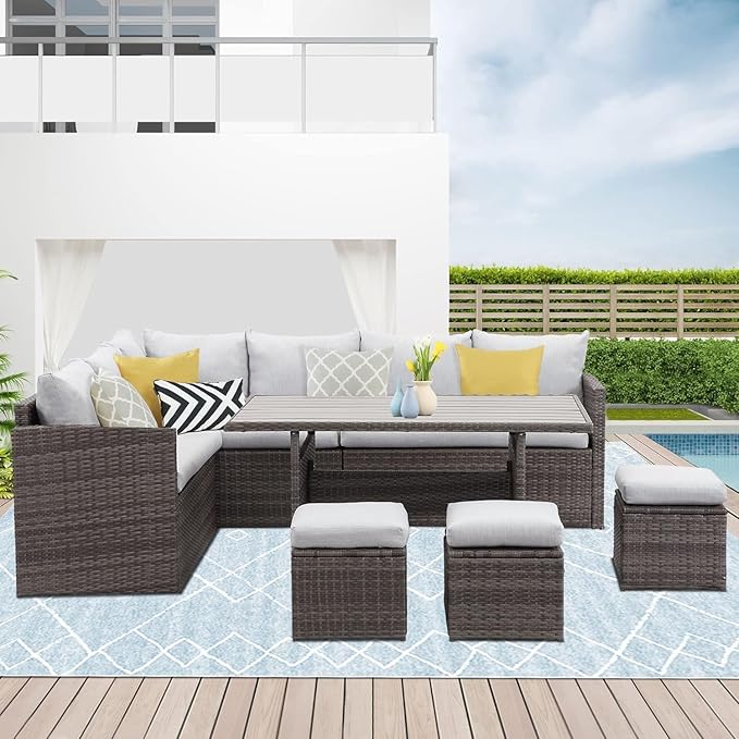 7 Piece Wicker Rattan Outdoor Dining Set with Dining Table and Ottomans, Patio Table and Chairs Set