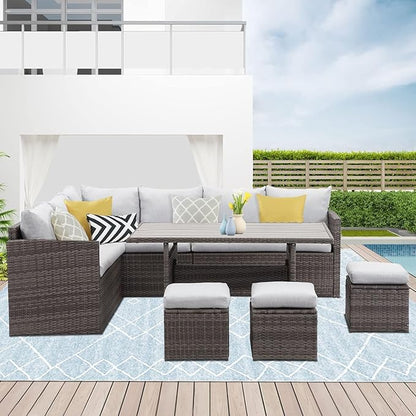 7 Piece Wicker Rattan Outdoor Dining Set with Dining Table and Ottomans, Patio Table and Chairs Set