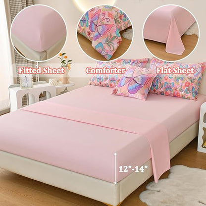Butterfly Bedding Set Twin, Pink Butterfly Comforter Set for Girls Kids Teens 6 pcs Bed in a Bag Twin Bedding Sets for Girls