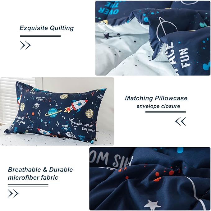 Planet Twin Comforter Set for Boys Girls 4-Piece Rocket Kids Bedding Sets Galaxy Space Stars Bedroom Decor - Include Reversible Comforter, Flat Sheet, Fitted Sheet and Pillowcase