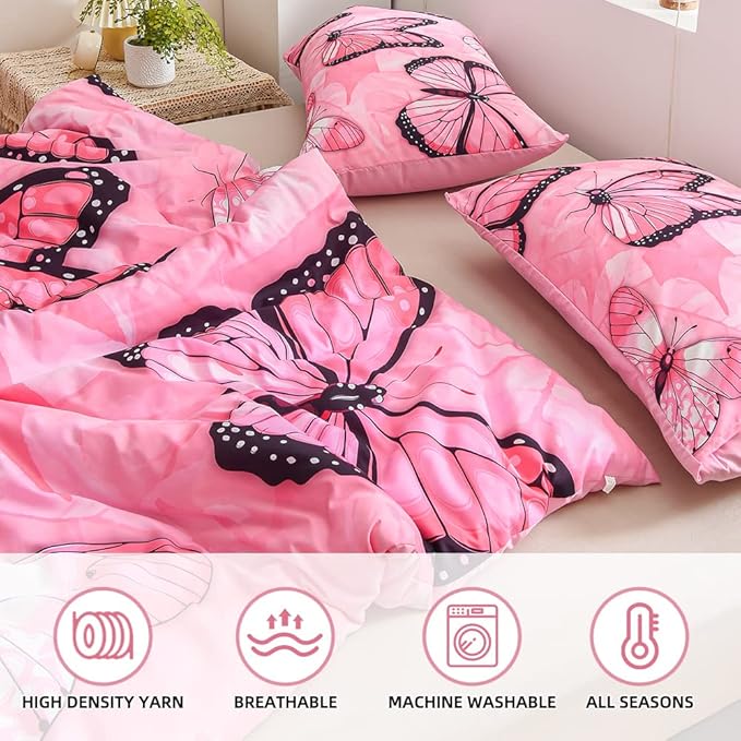 Btargot 3 Piece Pink Butterfly Girls Kids Adults Queen Size Comforter Set, Lightweight Soft All Season Bedding Set with 2 Pillowcases