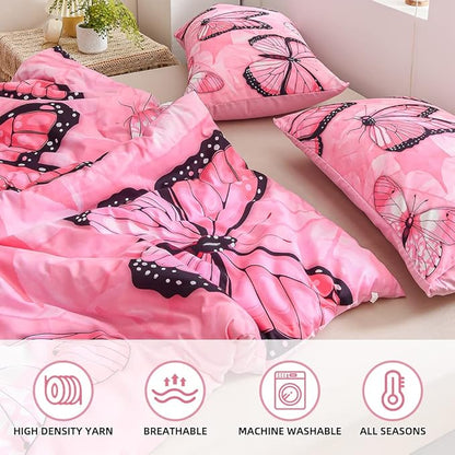Btargot 3 Piece Pink Butterfly Girls Kids Adults Queen Size Comforter Set, Lightweight Soft All Season Bedding Set with 2 Pillowcases