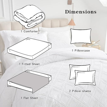 6 Pieces Tufted Bed in a Bag Twin Comforter Set with Sheets White, Soft and Embroidery Shabby Chic Boho Bohemian Design, Luxury Solid Color with Diamond Pattern, Jacquard Tufts Bedding Set for Kids