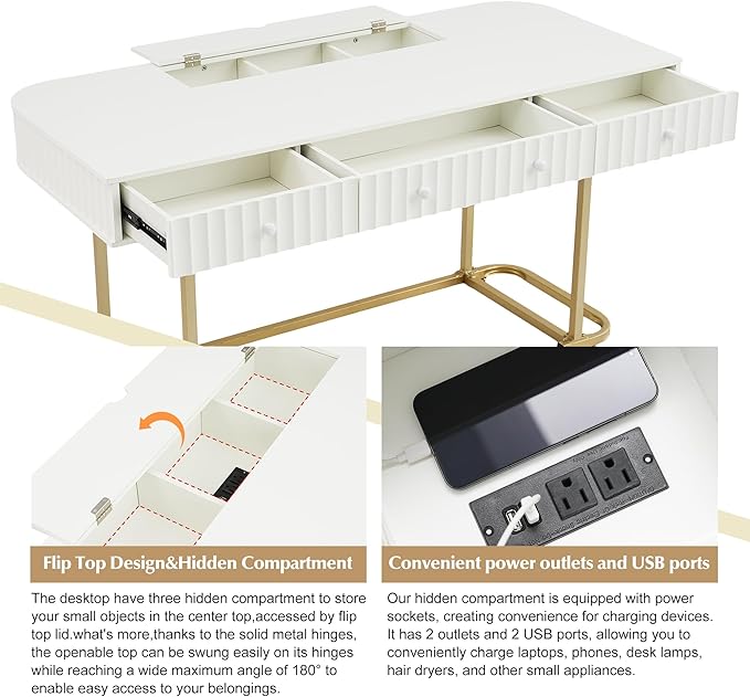 NicBex Laik-DW-00001-DX Desks, 48.26" W x 23.62" D x 30.7" H, Gold+White