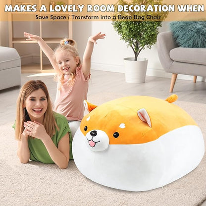 Stuffed Animal Storage Bean Bag Chair Cover for kids Cute Shiba Inu Yellow Dog Large Beanbag Plush Toy Bedroom Décor Organizer Cover, No Beans