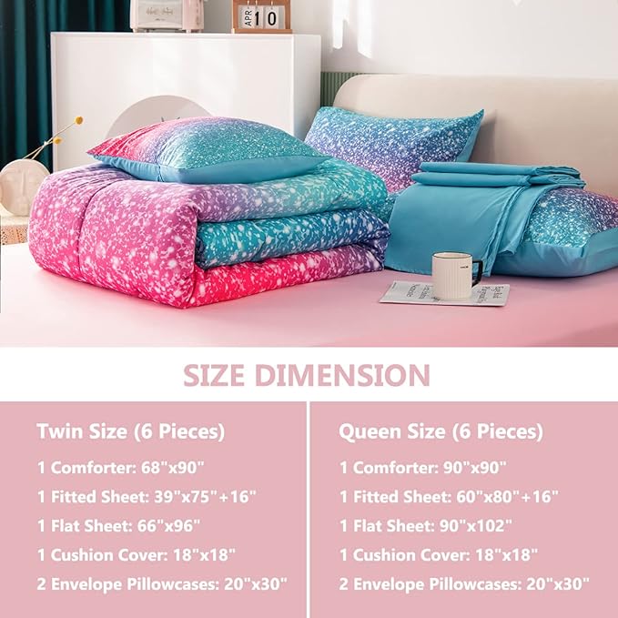 PERFEMET Girls Comforter Set Twin Size 6 Piece Bed in A Bag 3D Colorful Rainbow Bedding Comforter Sheet Set for Kids - (1 Comforter, 1 Flat Sheet, 1 Fitted Sheet, 2 Pillowcases, 1 Cushion Cover)