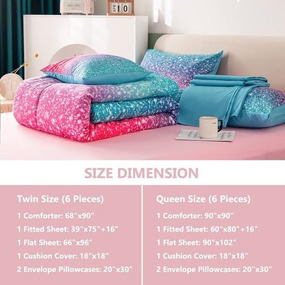 PERFEMET Girls Comforter Set Queen Size, 6 Piece Bed in A Bag, Colorful Rainbow Bedding Set with Comforter and Sheet, Gradient Pink Glitter Galaxy Bed Set for Teen Girls Kids Women, Blue Turquoise