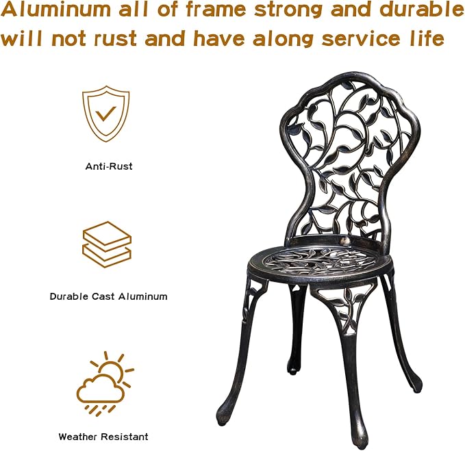 Patio Bistro Set.Rust-Resistant Cast Aluminum Bistro Table Set with Umbrella Hole for Backyard (Leaf DESIGNCOPPER)