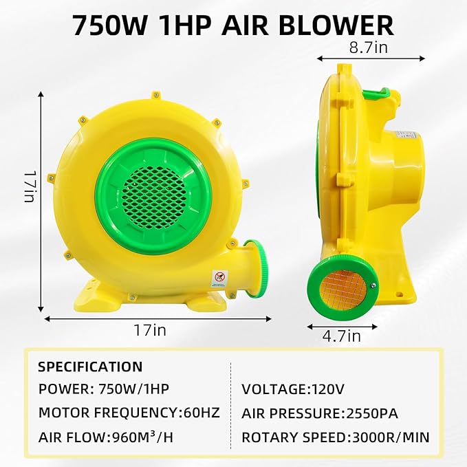 750W Bounce House Blower, Powerful Air Blower for Inflatable, Portable Inflatable Bubble House Blower Pump Fan for Inflatable Bouncy Castle, Jumper, Water Slide, Blower Corded(750 Watt 1HP)