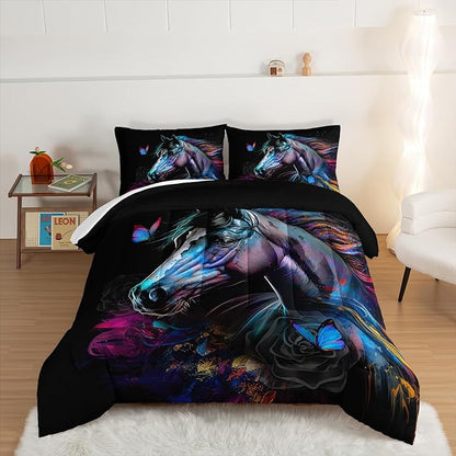 HOSIMA 3 Pieces Art Horse Comforter with 2 Pillowcases,Wildlife Horse Butterfly Black Comforter Set Boys Teens Aesthetic Room Decor,Animal Bedding King Size Comforter Set for adults.